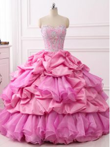 Rose Pink 15th Birthday Dress Military Ball and Sweet 16 and Quinceanera with Beading and Ruffles and Pick Ups Sweethear