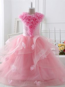 High Quality Baby Pink Ball Gowns High-neck Sleeveless Tulle Floor Length Zipper Ruffles and Hand Made Flower Little Gir