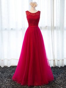 Sumptuous Floor Length Lace Up Homecoming Dresses Fuchsia for Prom and Military Ball and Wedding Party with Beading and 