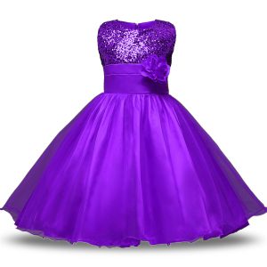 Sexy Eggplant Purple Organza and Sequined Zipper Scoop Sleeveless Knee Length Toddler Flower Girl Dress Bowknot and Belt