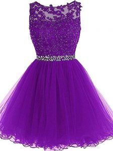 Modern Eggplant Purple A-line Scoop Sleeveless Tulle Mini Length Zipper Beading and Ruffles Prom Gown