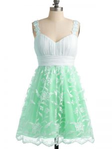 Super Apple Green Empire Lace Straps Sleeveless Lace Knee Length Lace Up Wedding Guest Dresses