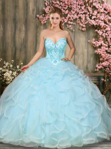 Aqua Blue Sleeveless Floor Length Beading and Ruffles Lace Up Sweet 16 Dresses