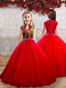Red High-neck Neckline Appliques Child Pageant Dress Sleeveless Lace Up