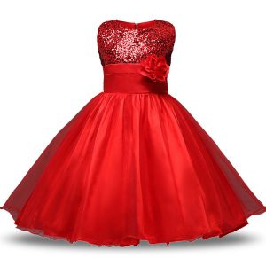 Knee Length Red Flower Girl Dresses Scoop Sleeveless Zipper