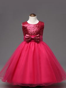Hot Pink Scoop Neckline Sequins and Bowknot Flower Girl Dress Sleeveless Zipper