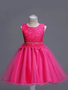 Charming Lace Flower Girl Dress Hot Pink Zipper Sleeveless Knee Length