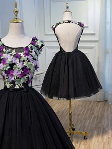 Adorable Black Backless Scoop Hand Made Flower Evening Dress Tulle Sleeveless