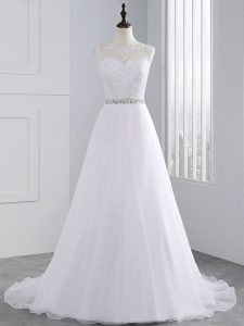 Enchanting Scoop Sleeveless Chiffon Bridal Gown Beading and Lace and Appliques Brush Train Zipper