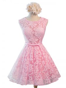 Deluxe Baby Pink Scoop Neckline Belt Wedding Party Dress Sleeveless Lace Up