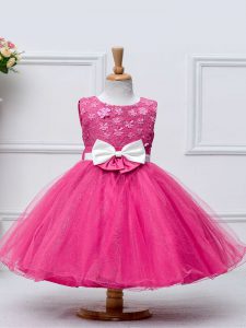 Scoop Sleeveless Pageant Gowns For Girls Knee Length Lace and Bowknot Hot Pink Tulle