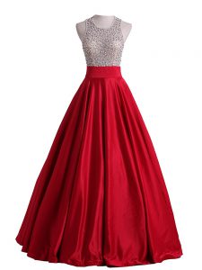 Sleeveless Floor Length Beading Backless Military Ball Gowns with Red