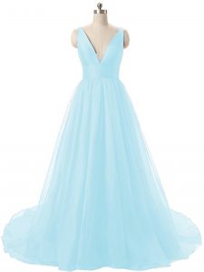 Aqua Blue V-neck Backless Ruching Prom Gown Brush Train Sleeveless