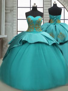 Sweetheart Sleeveless Satin Sweet 16 Dresses Beading and Appliques Sweep Train Lace Up