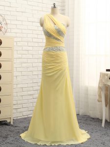 Eye-catching Floor Length Yellow Prom Evening Gown One Shoulder Sleeveless Brush Train Zipper