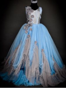 Sequins and Hand Made Flower Child Pageant Dress Light Blue Backless Sleeveless Floor Length