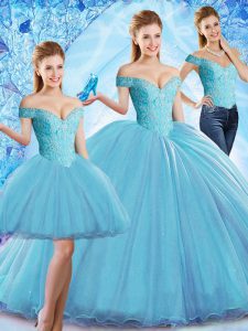 Baby Blue Sleeveless Beading Lace Up Quince Ball Gowns