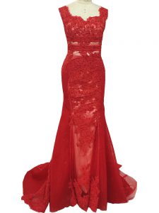 Gorgeous Red Zipper Square Lace Mother Of The Bride Dress Tulle Sleeveless Brush Train