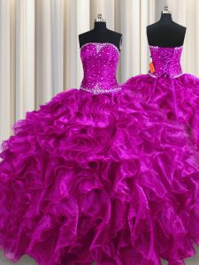 Attractive Fuchsia Sleeveless Floor Length Beading and Ruffles Lace Up 15 Quinceanera Dress