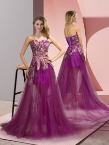 Tulle Sweetheart Sleeveless Brush Train Zipper Appliques Prom Party Dress in Purple