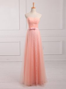 Sweetheart Sleeveless Lace Up Bridesmaids Dress Peach Tulle and Lace