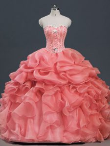 Ball Gowns Quinceanera Gowns Watermelon Red Sweetheart Organza Sleeveless Floor Length Lace Up