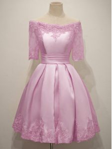 Knee Length Lilac Wedding Party Dress Off The Shoulder Half Sleeves Lace Up