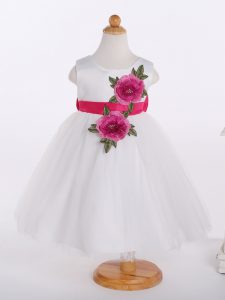 White A-line Tulle Scoop Sleeveless Bowknot and Hand Made Flower Knee Length Zipper Kids Formal Wear