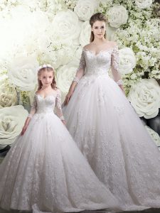 New Style White Ball Gowns Lace Sweet 16 Dress Zipper Tulle Half Sleeves