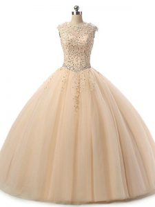 Clearance Champagne Tulle Lace Up Scoop Sleeveless Floor Length Quinceanera Dress Beading and Lace