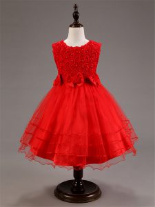 Elegant Red Zipper Scoop Ruffled Layers and Hand Made Flower Girls Pageant Dresses Tulle Sleeveless