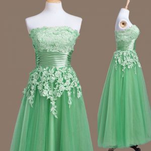 Green Lace Up Strapless Appliques Wedding Guest Dresses Tulle Sleeveless