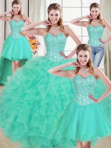 Custom Designed Turquoise Organza Lace Up 15th Birthday Dress Sleeveless Brush Train Beading and Ruffled Layers