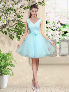 Sleeveless Tulle Knee Length Lace Up Wedding Guest Dresses in Aqua Blue with Lace and Belt