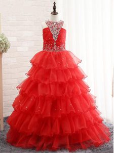 Trendy Red Little Girls Pageant Dress Wedding Party with Beading and Ruffled Layers Halter Top Sleeveless Lace Up