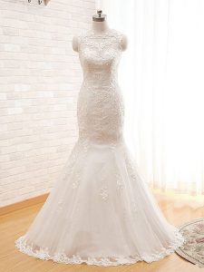 Unique Sleeveless Tulle Floor Length Zipper Wedding Dresses in White with Lace and Appliques