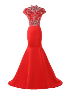 Chic Coral Red Satin Zipper Evening Wear Short Sleeves Sweep Train Beading