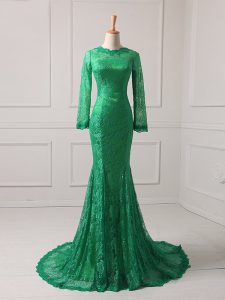 Super Green Zipper Scoop Lace Mother Of The Bride Dress Lace Long Sleeves Brush Train