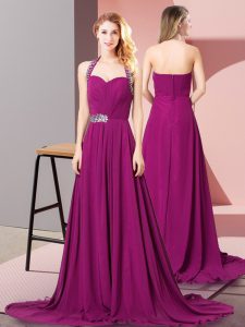 Delicate Fuchsia Prom Dresses Prom and Party and Military Ball with Beading and Ruching Halter Top Sleeveless Brush Trai