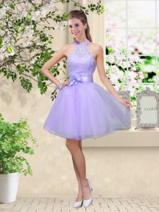 Ideal Sleeveless Lace Up Knee Length Lace and Belt Quinceanera Court Dresses