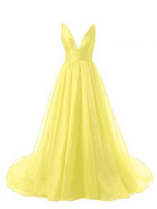 Fantastic Yellow Prom Party Dress V-neck Sleeveless Brush Train Backless