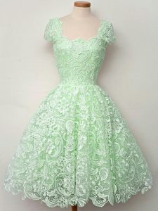 Knee Length Apple Green Bridesmaid Dresses Lace Cap Sleeves Lace