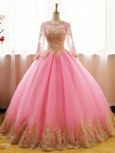Scoop Long Sleeves Sweet 16 Quinceanera Dress Floor Length Appliques Pink Organza