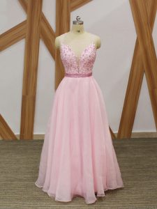 Modest Baby Pink A-line Chiffon V-neck Sleeveless Beading and Embroidery Floor Length Zipper Pageant Dress Womens