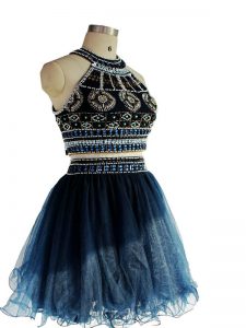 Custom Fit Navy Blue Sleeveless Beading Mini Length Party Dress