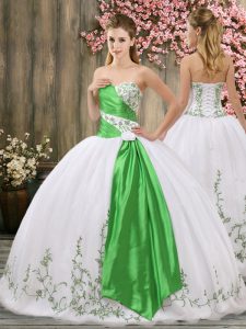 Sleeveless Floor Length Embroidery and Belt Lace Up Quinceanera Gown with White
