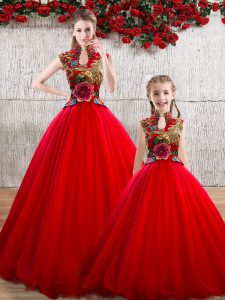 Smart Red Sleeveless Organza Lace Up Quinceanera Dresses for Military Ball and Sweet 16 and Quinceanera