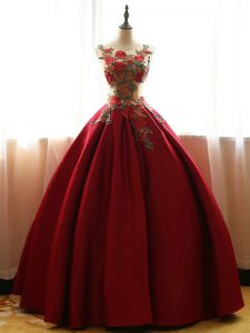 On Sale Floor Length Wine Red Quinceanera Dresses Taffeta Sleeveless Appliques