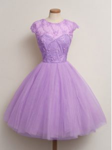 Flare Lilac Lace Up Bridesmaids Dress Lace Cap Sleeves Knee Length