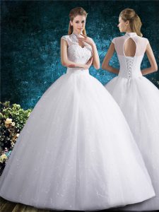 White Sleeveless Tulle Lace Up Wedding Dresses for Wedding Party
